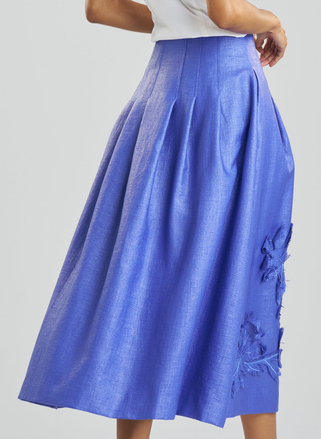 Embellished Raffia Blue Pleated Maxi Skirt