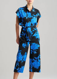 Miyako Printed Cotton Chino Blue W/ Black Crop Jumpsuit