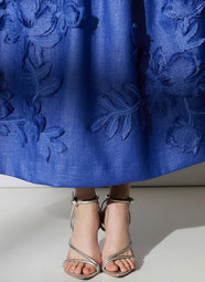 Embellished Raffia Blue Pleated Maxi Skirt