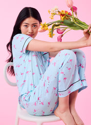 Dotty Flamingo Blue Short Sleeved Cropped Pajama Set